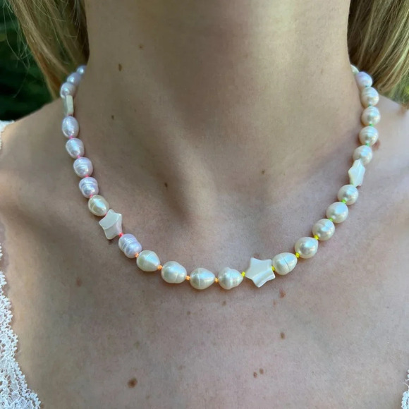 Hand Crafted Jewelry - Baroque Freshwater Pearl Hand-knotted Necklace, Rainbow Silk, Gold Fille…